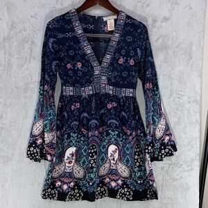 Flying Tomato Floral & Paisley Navy and Pink Long Bell Sleeve Dress Size M